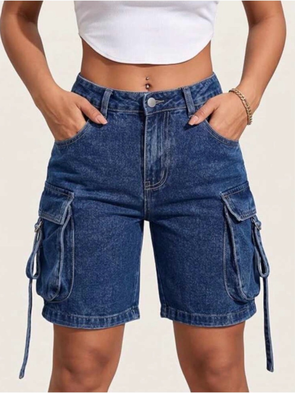 SHEIN Dark Blue Denim Cargo Bermuda Shorts